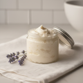 Whipped Body Sugar Scrub in clear jar with marble and lavender spa background